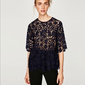 ZARA Womens Round Neck Short Sleeve Lace Top